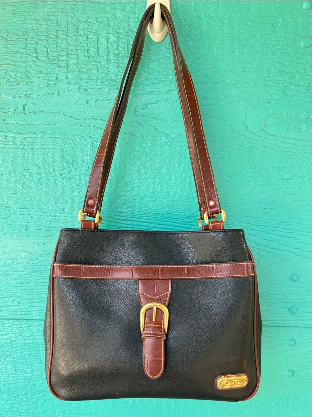 Vintage Carryland Genuine Leather Croc Embossed Triple Entry Shoulder Bag USA